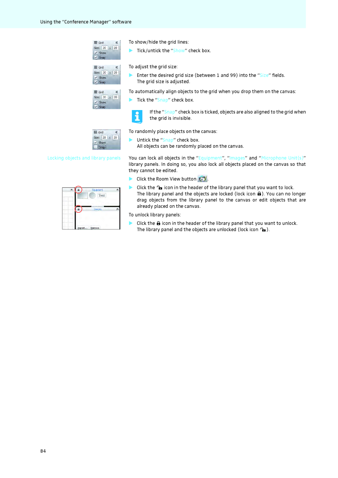 Sennheiser ADN instruction manual Locking objects and library panels, They cannot be edited Click the Room View button 