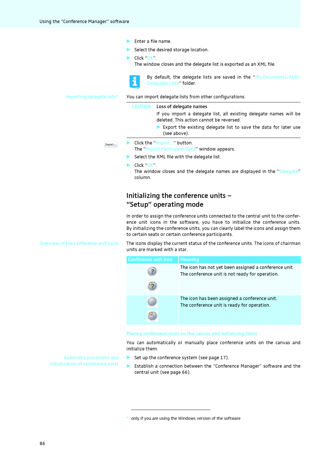 Sennheiser ADN instruction manual Initializing the conference units Setup operating mode, Delegates Lists folder 