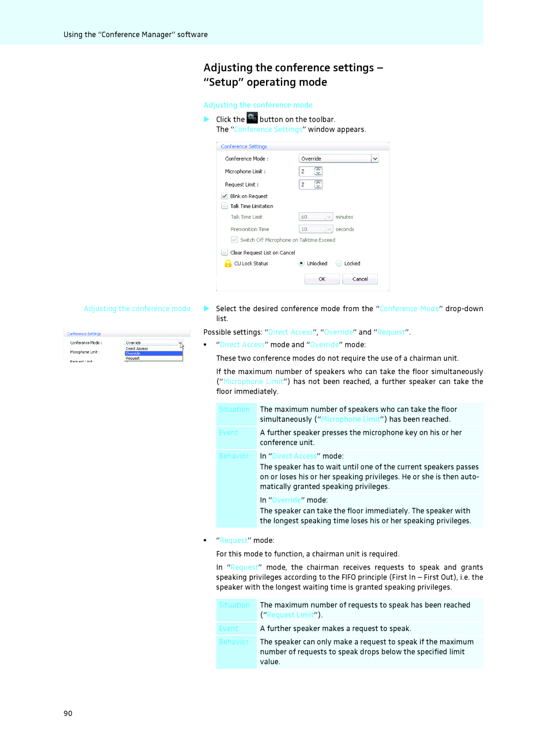 Sennheiser ADN instruction manual Adjusting the conference settings Setup operating mode, Adjusting the conference mode 