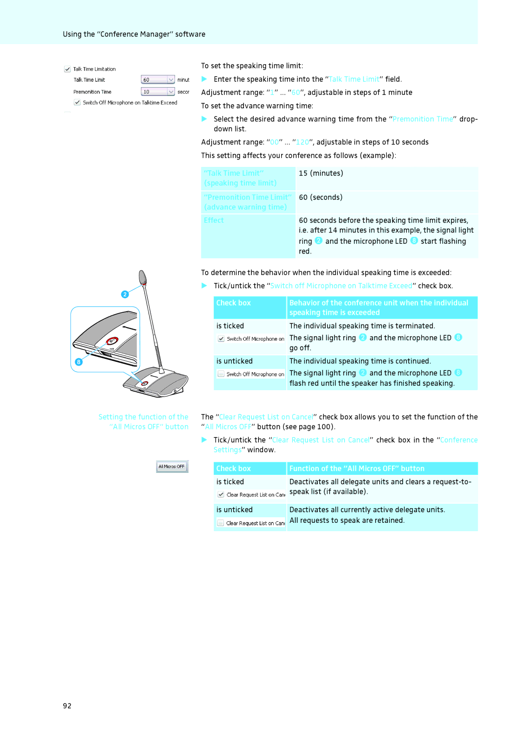 Sennheiser ADN instruction manual Check box Function of the All Micros OFF button, Speak list if available 