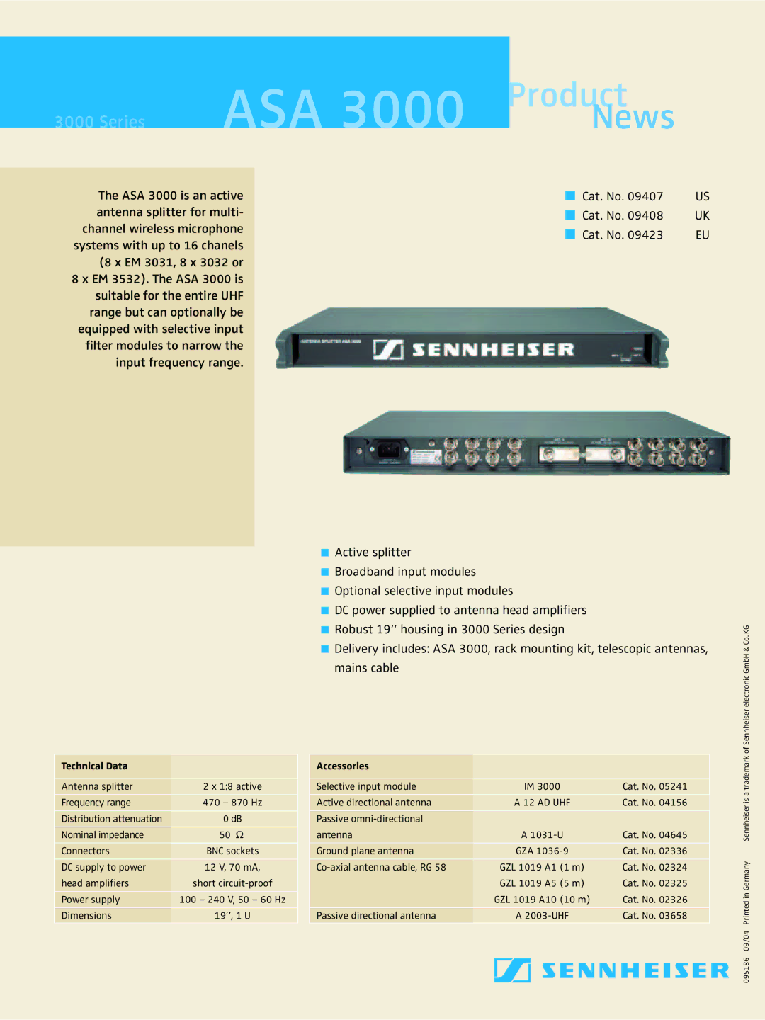 Sennheiser ASA 3000 dimensions Product, News, Technical Data, Accessories 