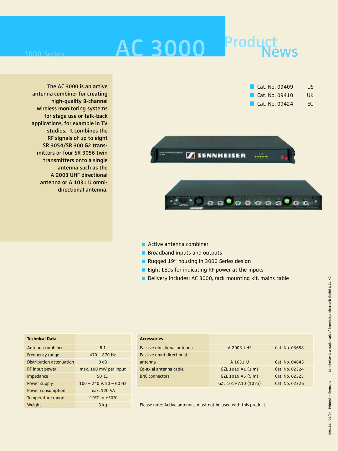 Sennheiser ASA 3000 dimensions AC 3000 Product, News 