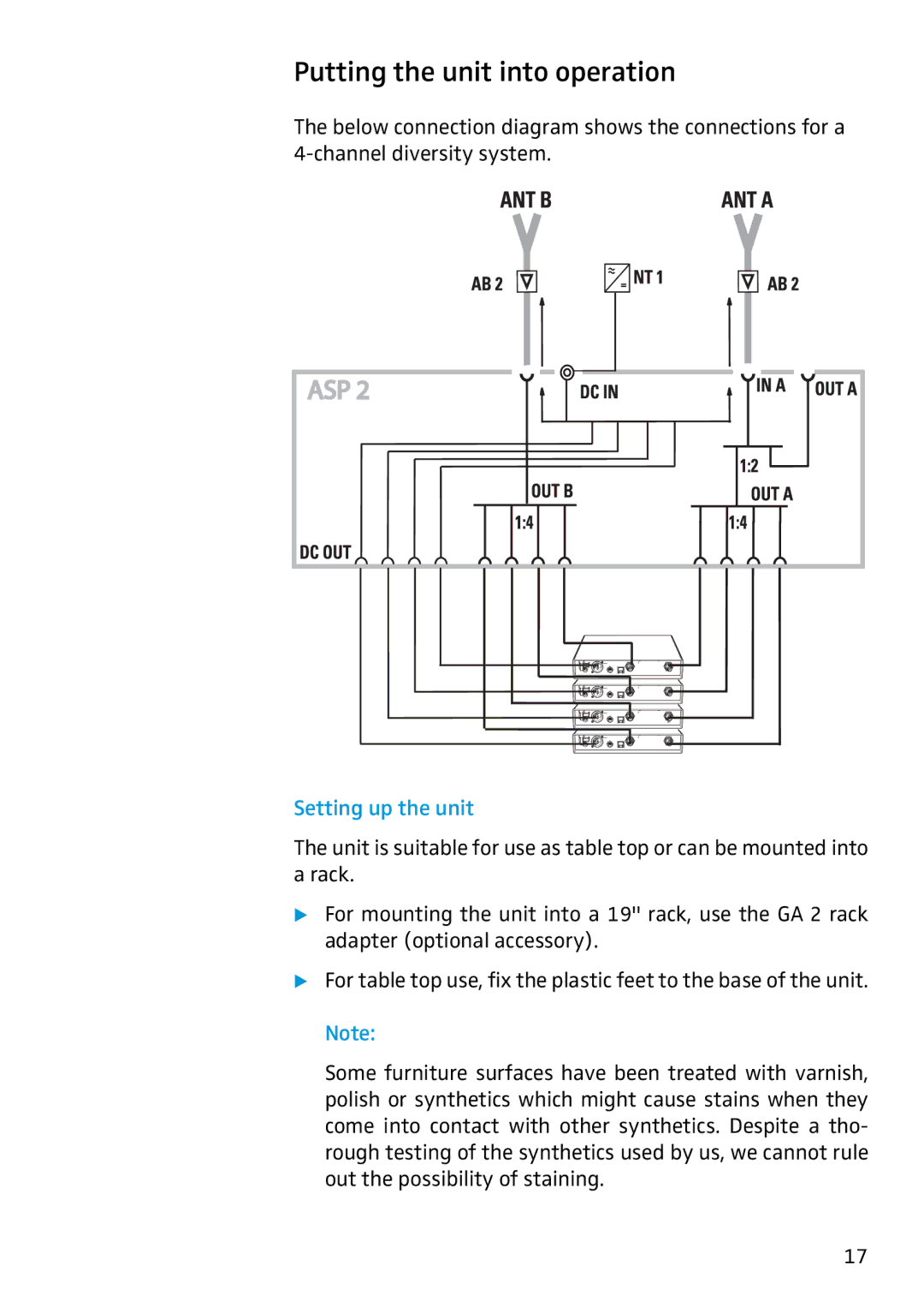 Sennheiser ASP 2 manual Putting the unit into operation, Setting up the unit 