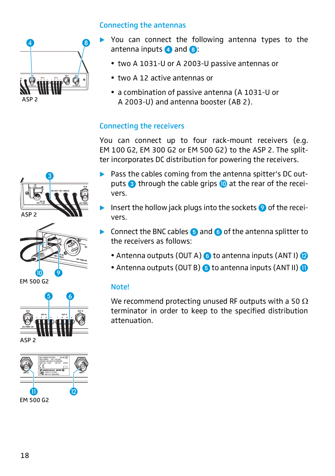 Sennheiser ASP 2 manual Connecting the antennas, Connecting the receivers 