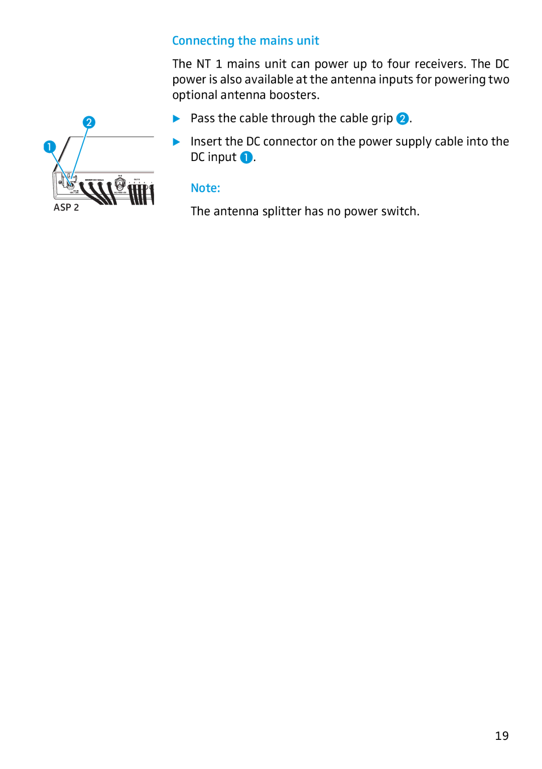 Sennheiser ASP 2 manual Connecting the mains unit 