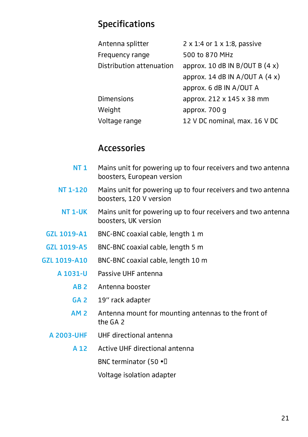 Sennheiser ASP 2 manual Specifications, Accessories 