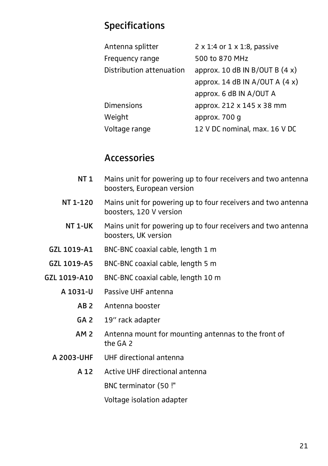 Sennheiser ASP 2 manual Specifications, Accessories 