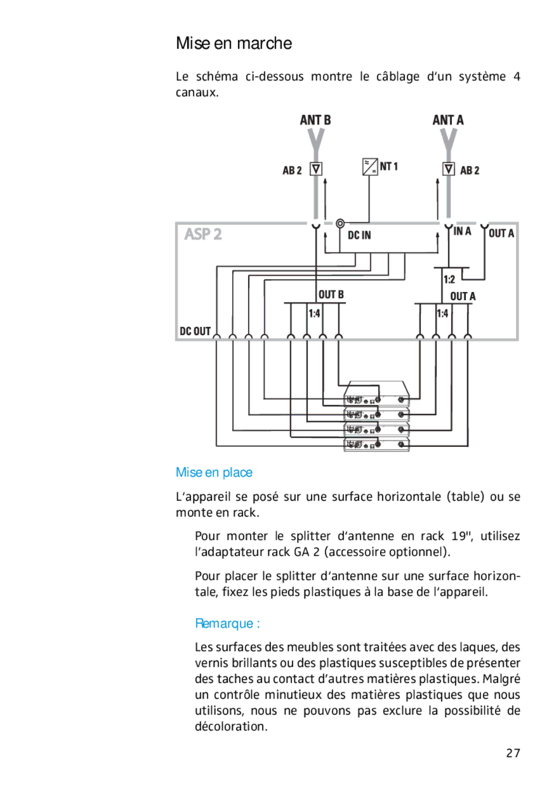 Sennheiser ASP 2 manual Mise en marche, Mise en place, Remarque 