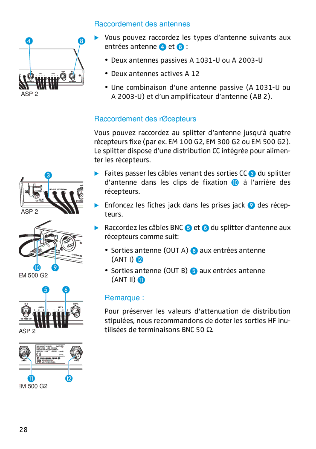 Sennheiser ASP 2 manual Raccordement des antennes, Raccordement des récepteurs 