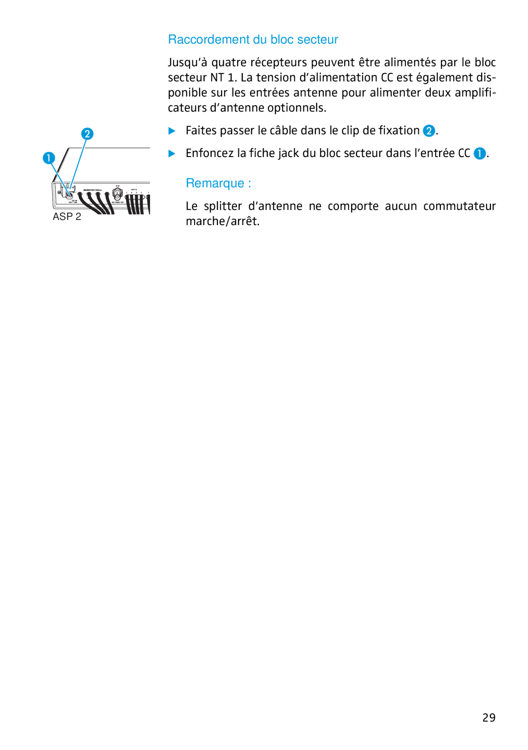 Sennheiser ASP 2 manual Raccordement du bloc secteur 