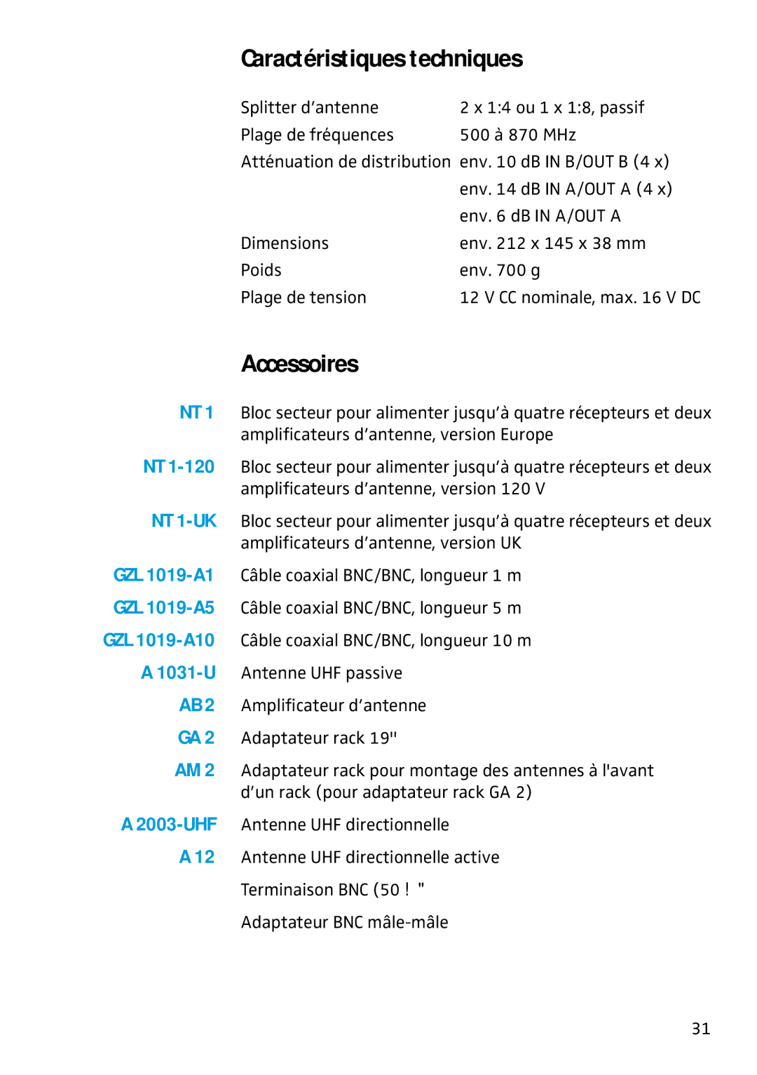 Sennheiser ASP 2 manual Caractéristiques techniques, Accessoires 