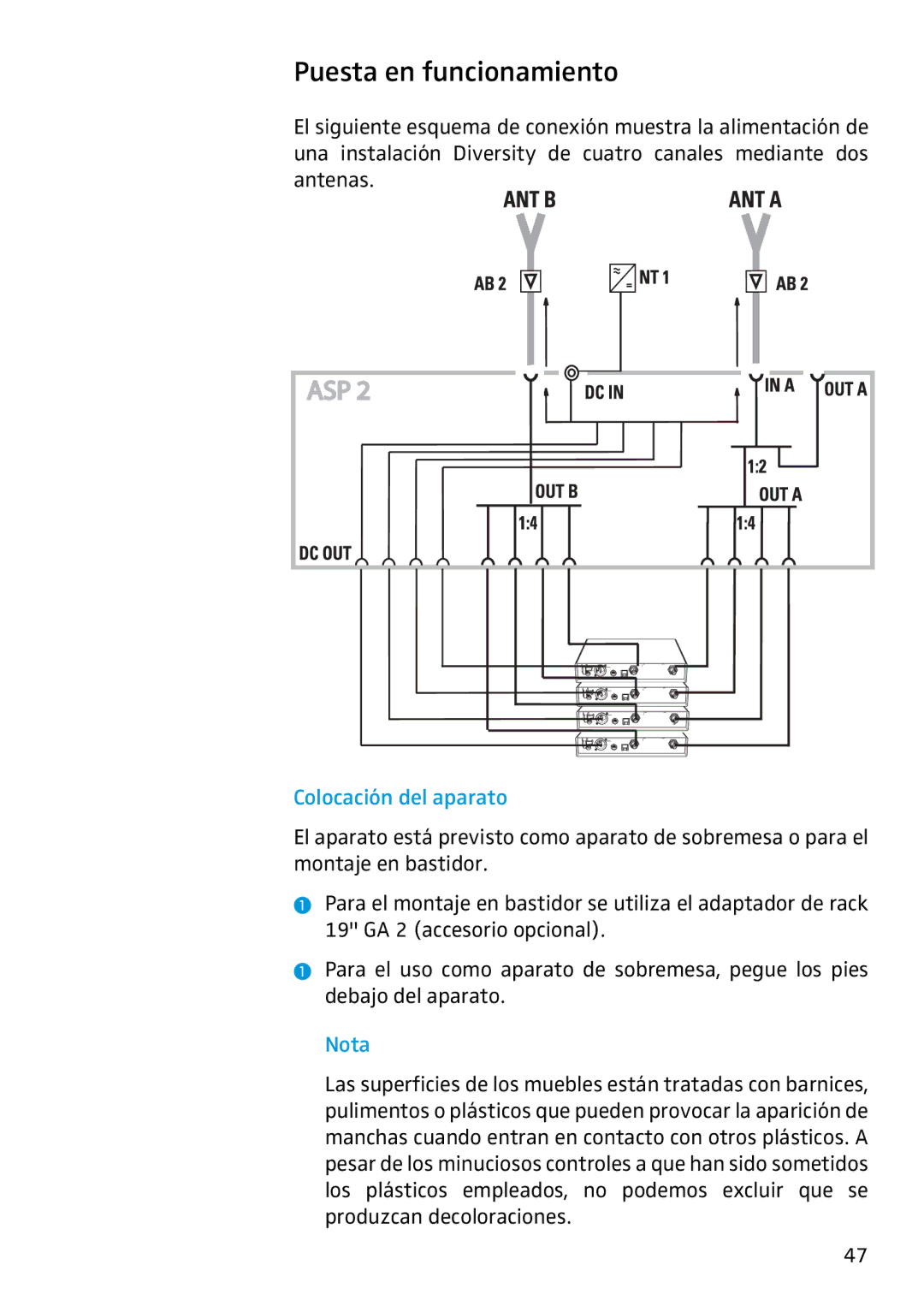 Sennheiser ASP 2 manual Puesta en funcionamiento, Colocación del aparato, Nota 