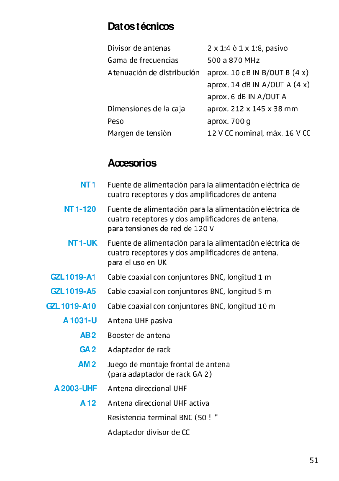 Sennheiser ASP 2 manual Datos técnicos, Accesorios 