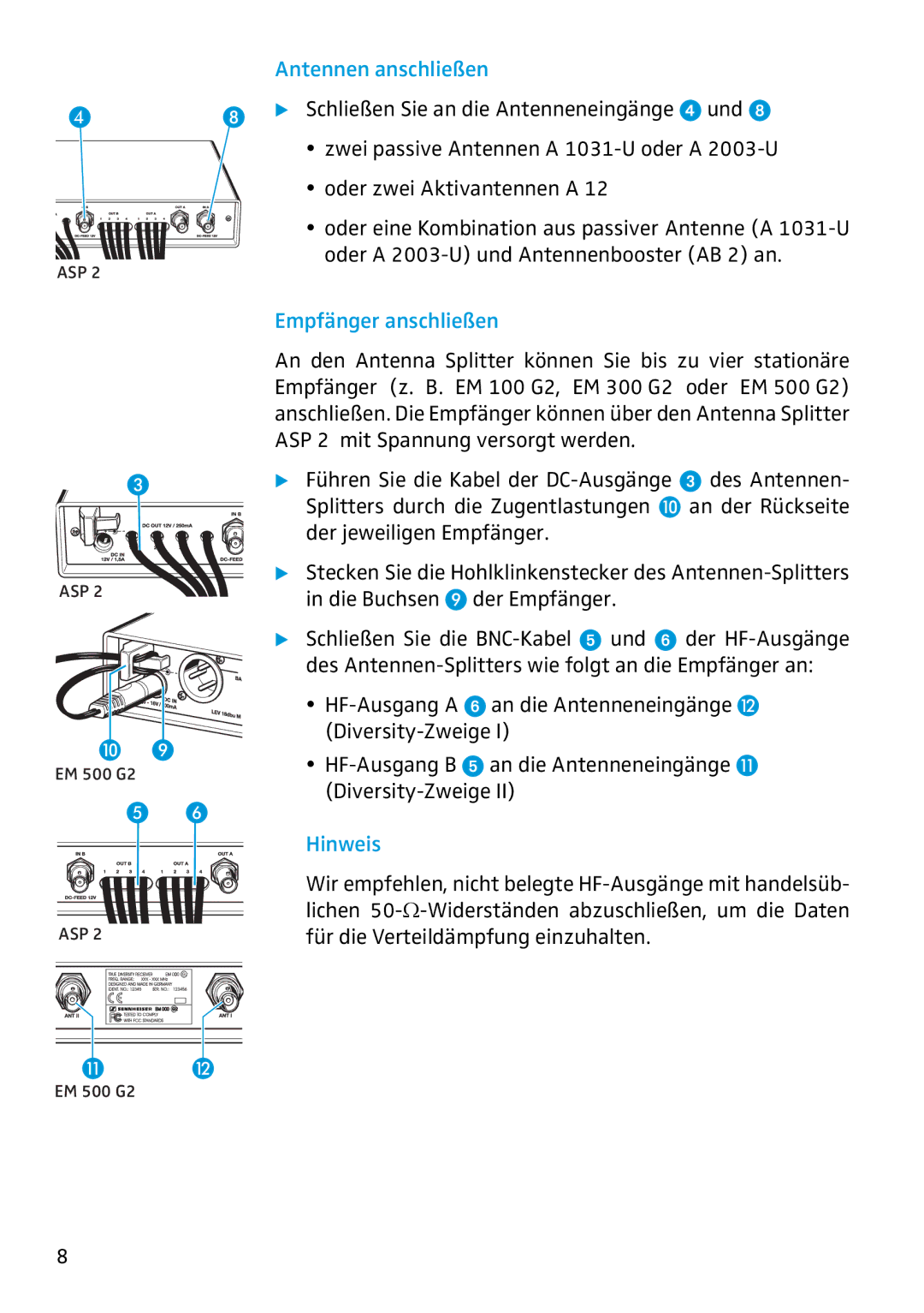 Sennheiser ASP 2 manual Antennen anschließen, Empfänger anschließen 