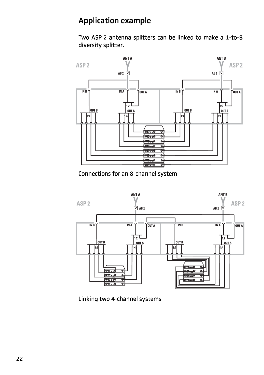 Sennheiser ASP 2 manual Application example, Connections for an 8-channelsystem, Linking two 4-channelsystems 