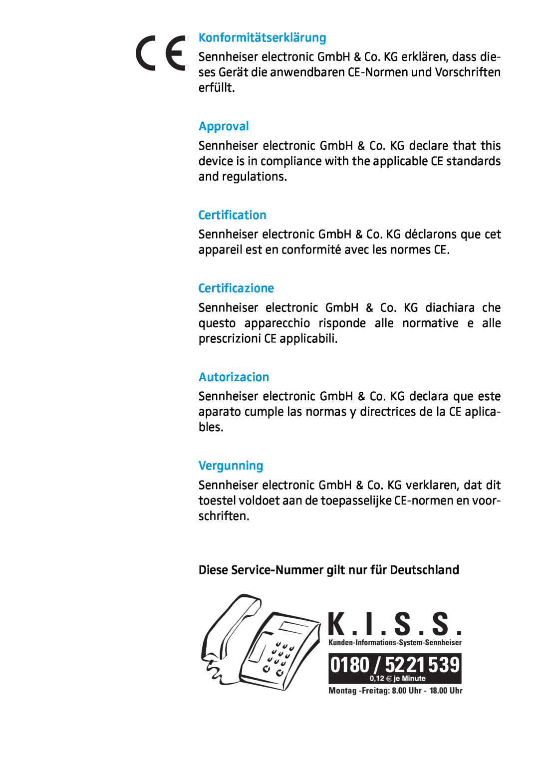 Sennheiser ASP 2 manual Konformitätserklärung, Approval, Certification, Certificazione, Autorizacion, Vergunning 