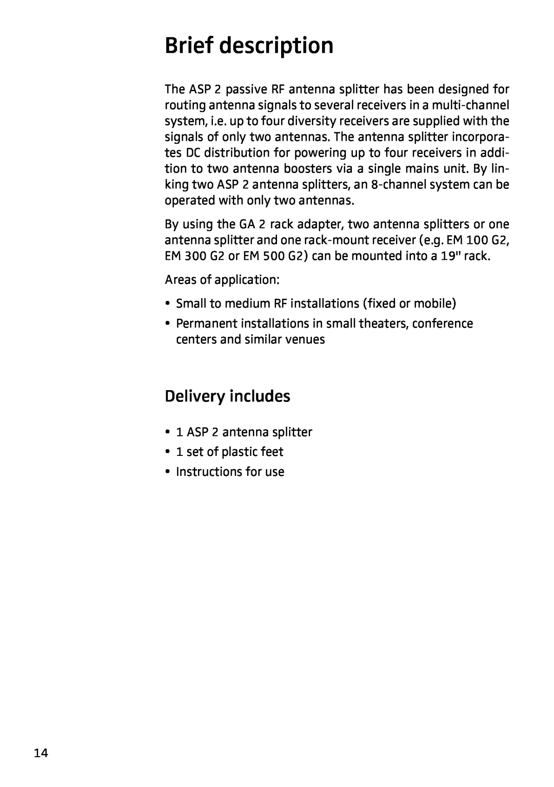 Sennheiser ASP 2 manual Delivery includes, Brief description 