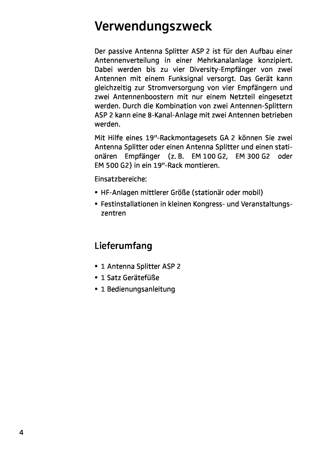 Sennheiser ASP 2 manual Verwendungszweck, Lieferumfang 