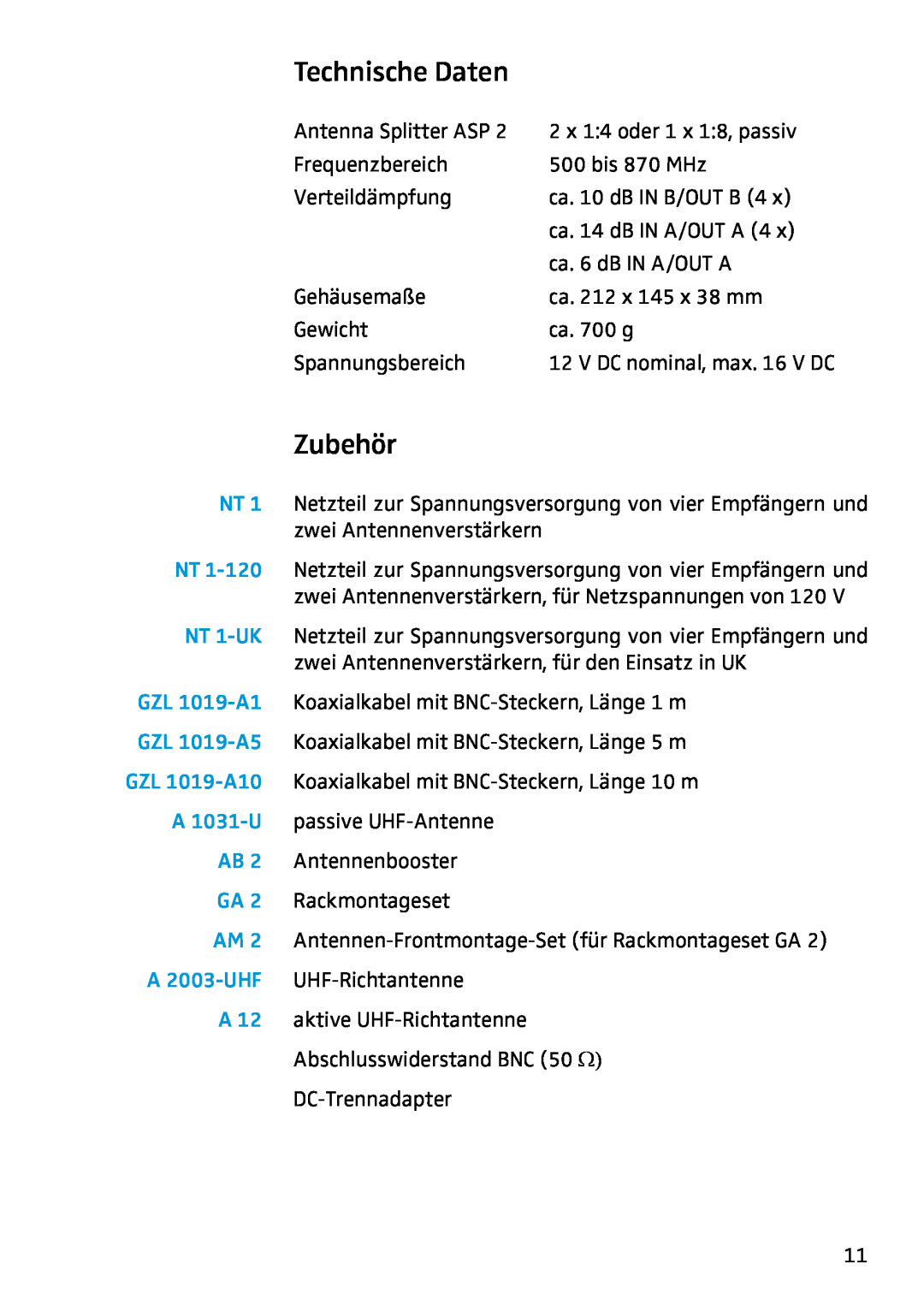 Sennheiser ASP 2 manual Technische Daten, Zubehör 