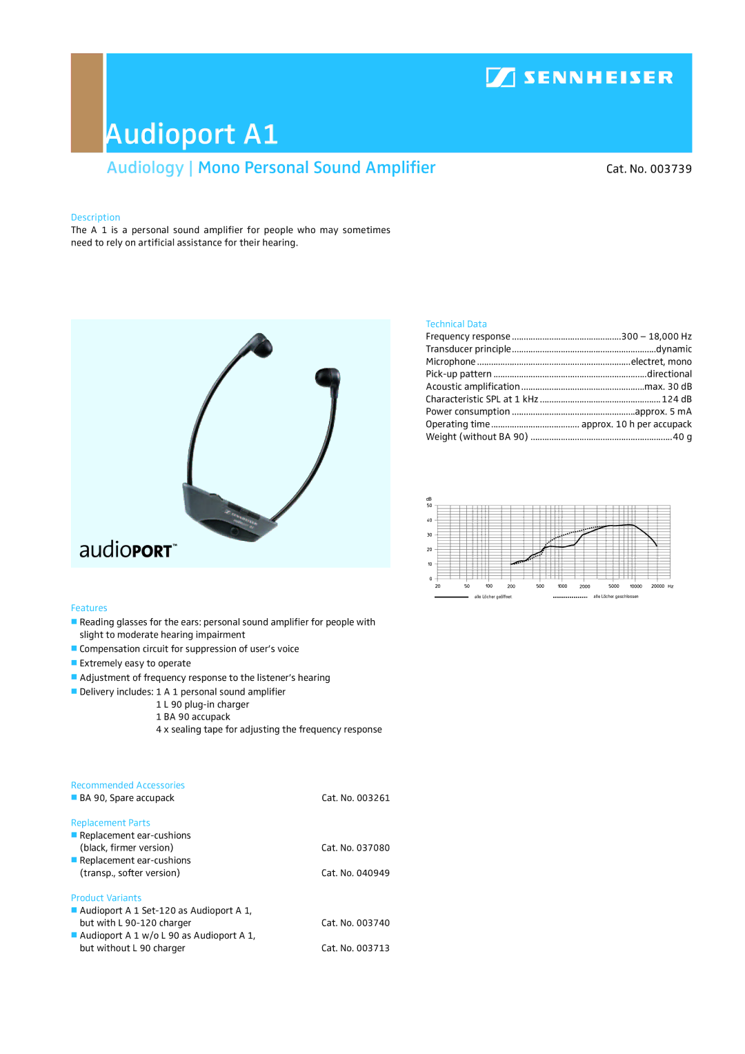 Sennheiser Audioport A1 manual Audiology Mono Personal Sound Ampliﬁer, Cat. No 