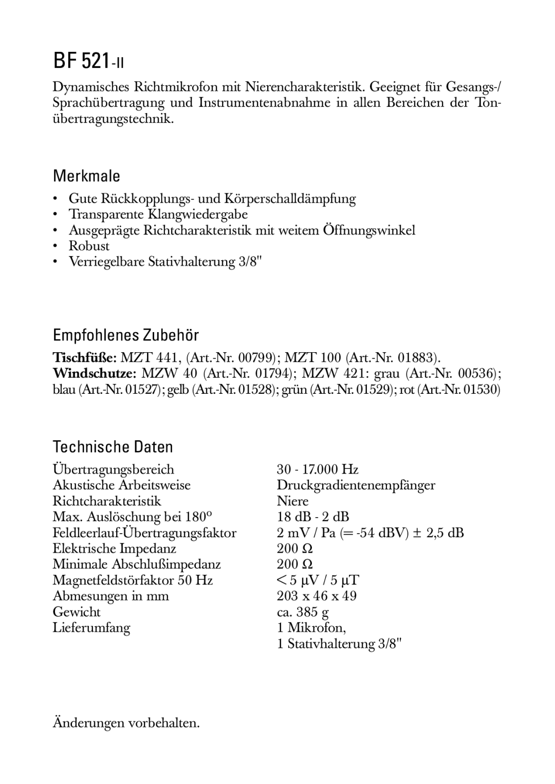 Sennheiser BF 521-II manual Merkmale, Empfohlenes Zubehör, Technische Daten, Tischfüße MZT 441, Art.-Nr MZT 100 Art.-Nr 