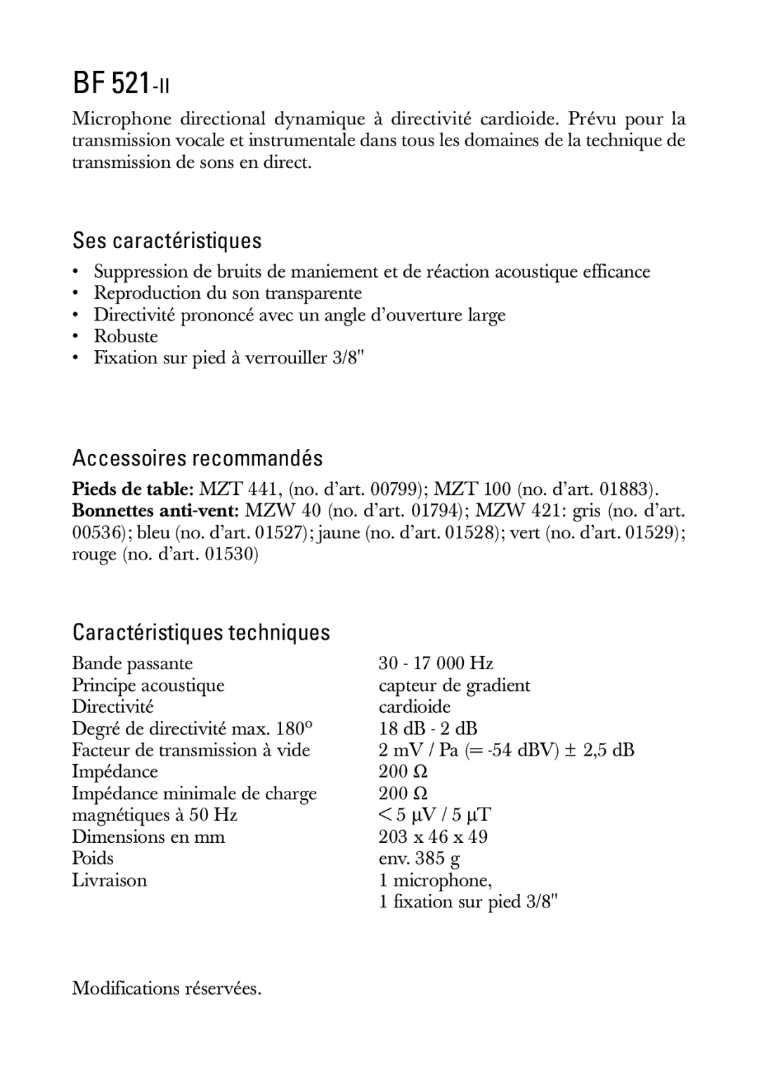 Sennheiser BF 521-II manual Ses caractéristiques, Accessoires recommandés, Caractéristiques techniques 