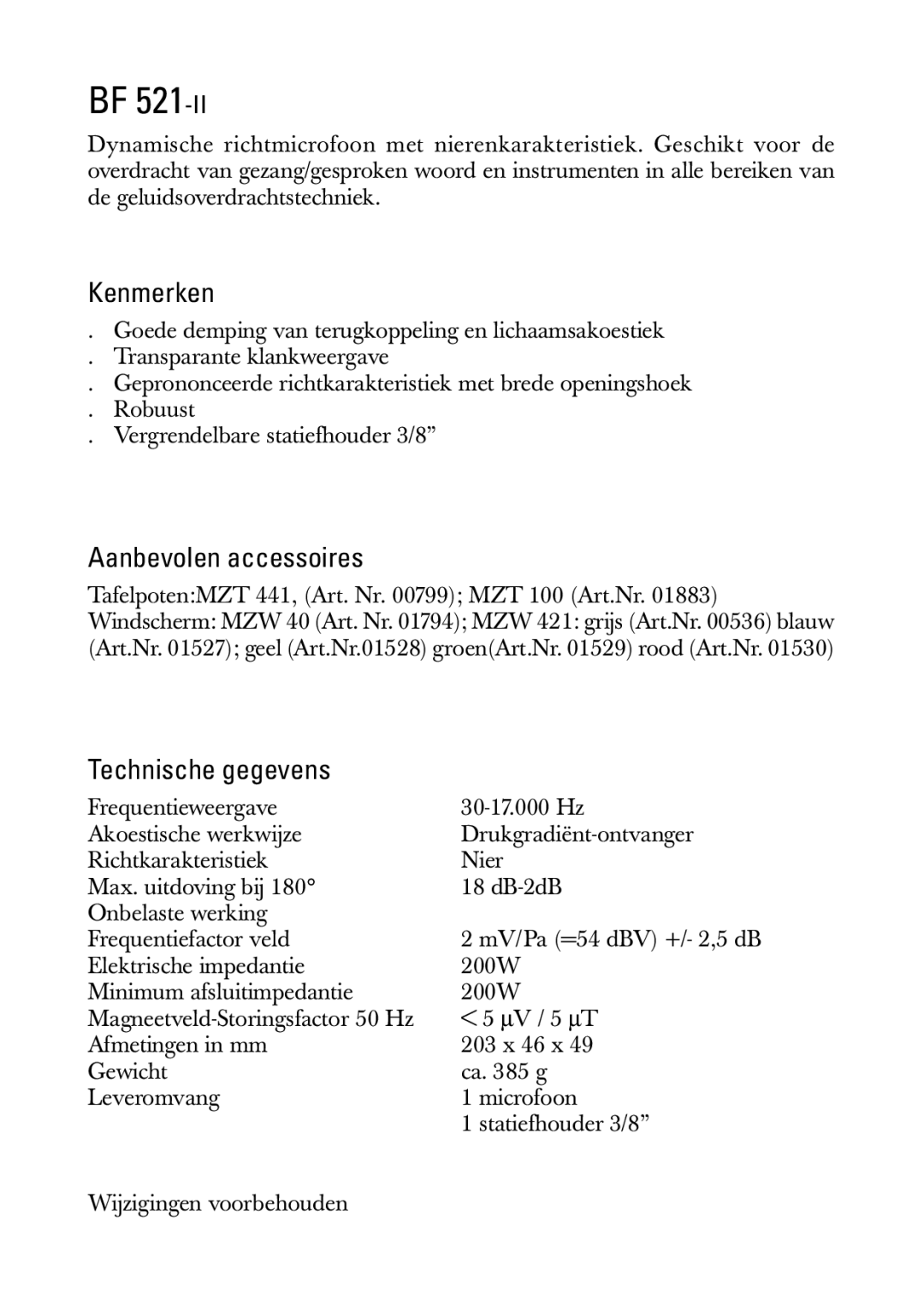 Sennheiser BF 521-II manual Kenmerken, Aanbevolen accessoires, Technische gegevens 