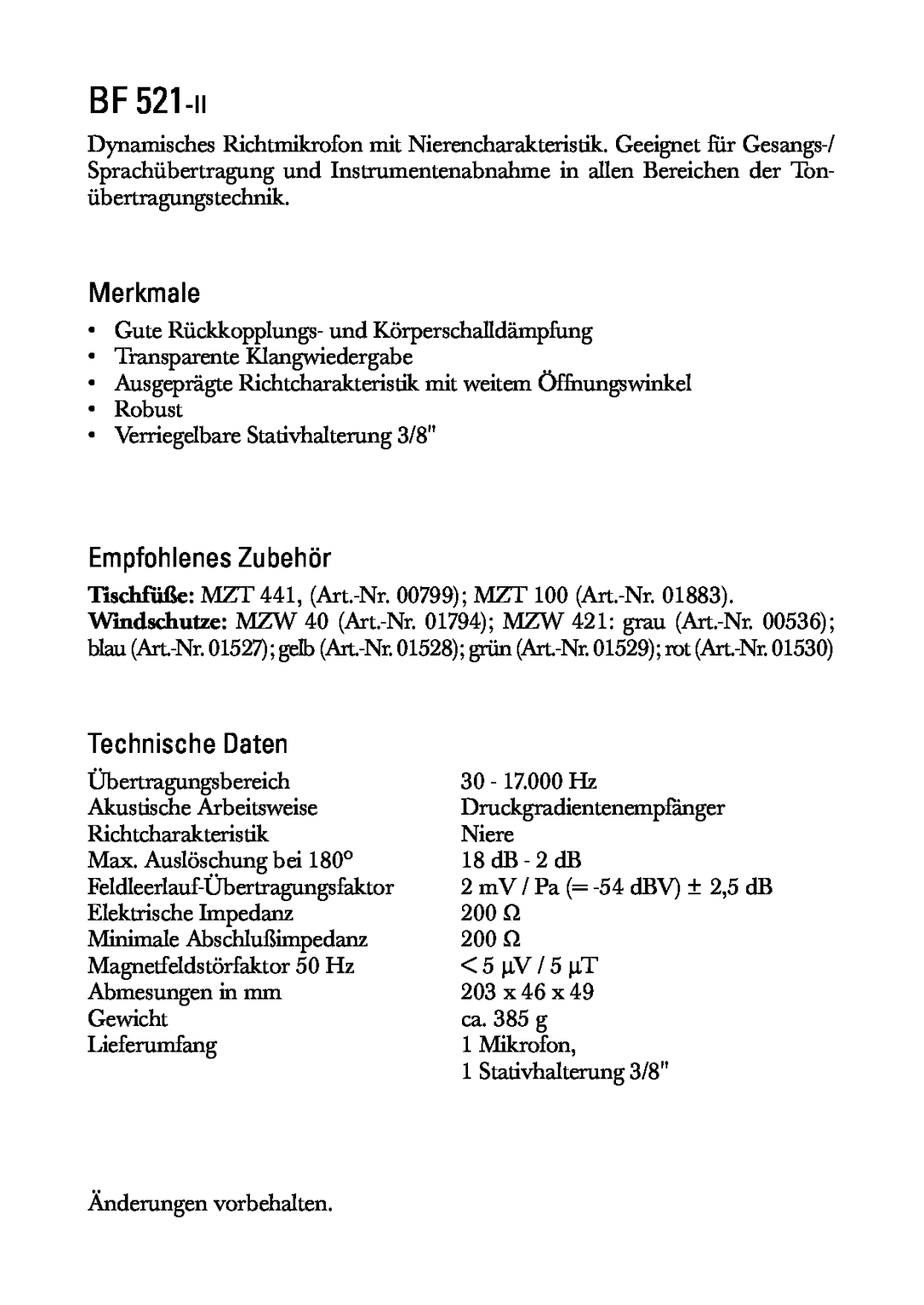 Sennheiser BF 521-II manual Merkmale, Empfohlenes Zubehör, Technische Daten 