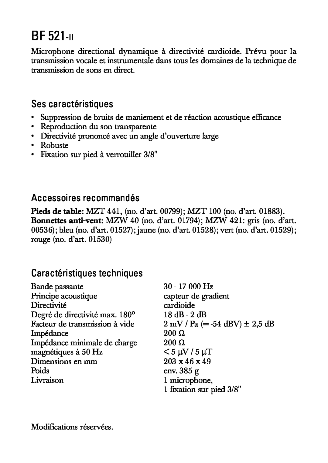 Sennheiser BF 521-II manual Ses caractéristiques, Accessoires recommandés, Caractéristiques techniques 
