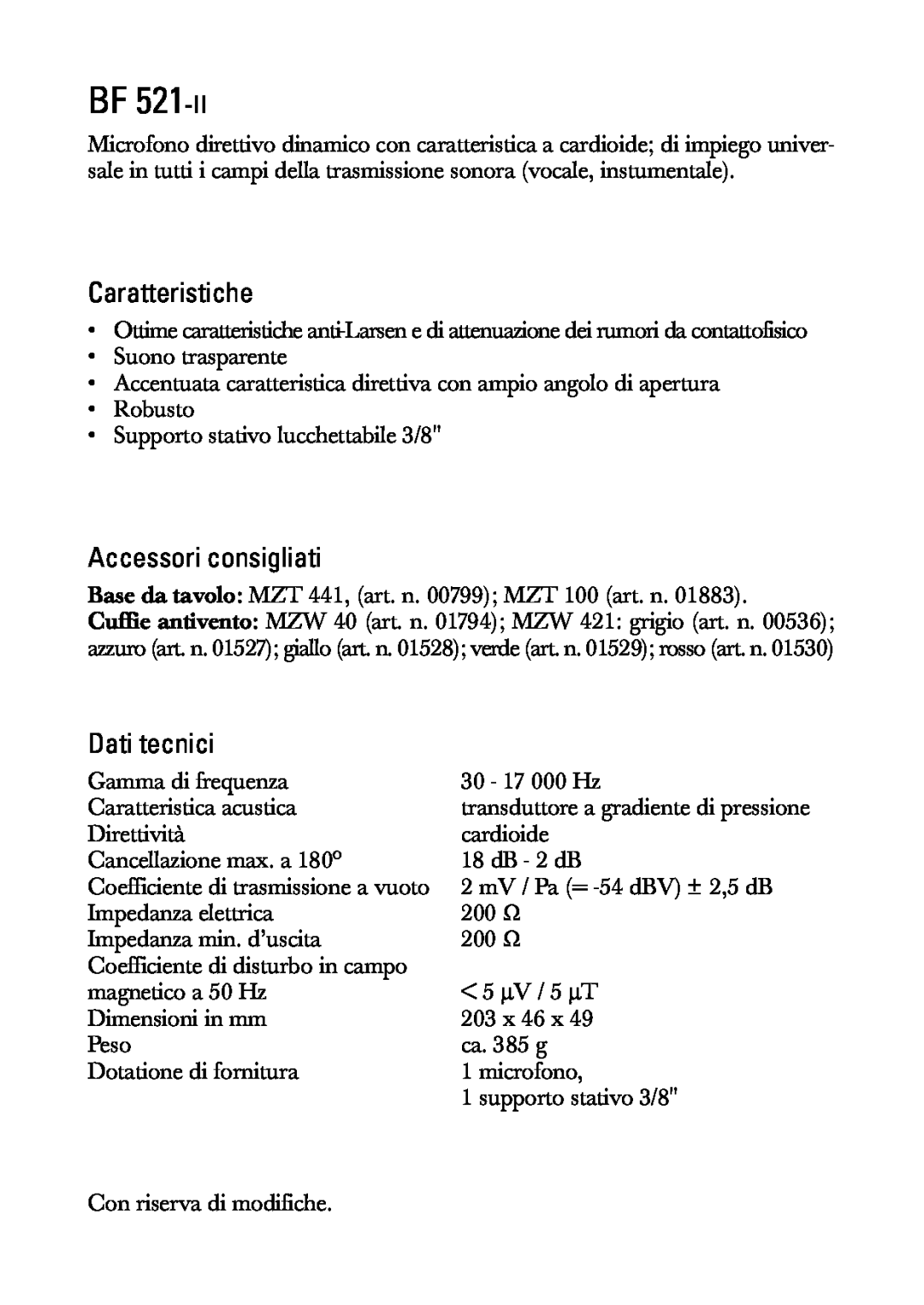 Sennheiser BF 521-II manual Caratteristiche, Accessori consigliati, Dati tecnici 