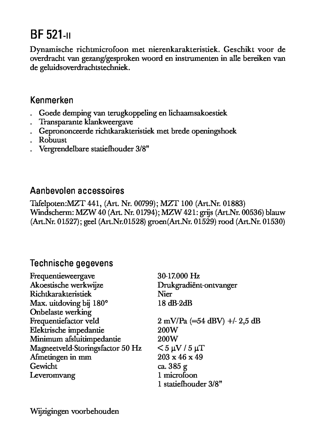 Sennheiser BF 521-II manual Kenmerken, Aanbevolen accessoires, Technische gegevens 