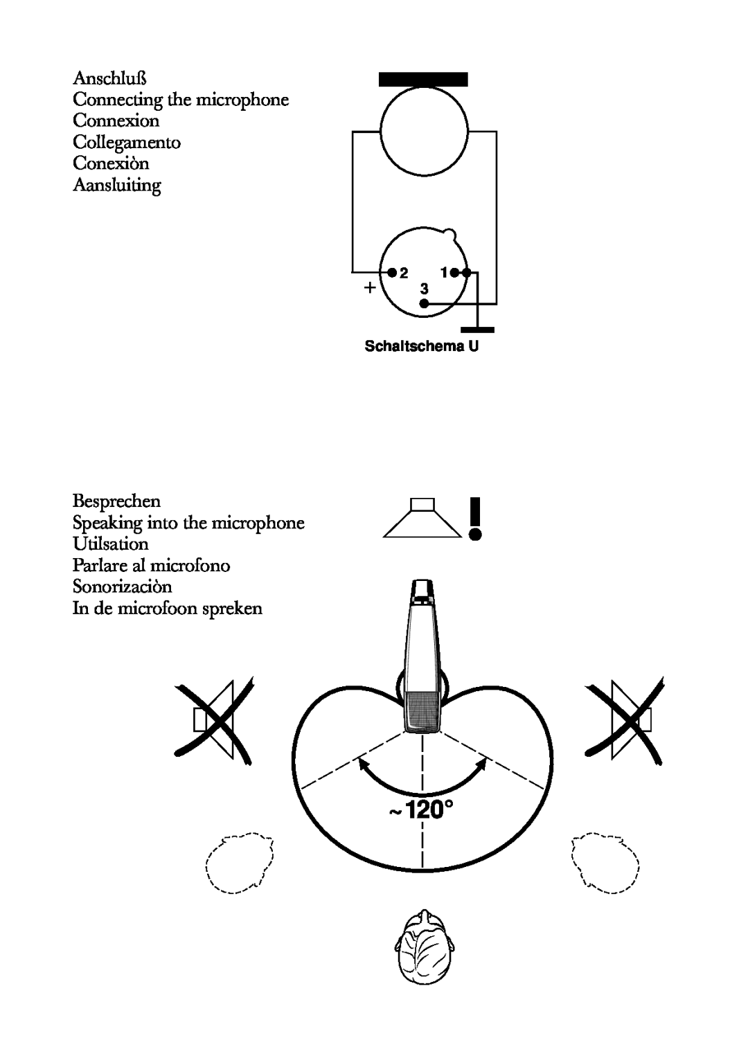 Sennheiser BF 521-II manual Anschluß Connecting the microphone Connexion Collegamento Conexiòn, Aansluiting, Schaltschema U 