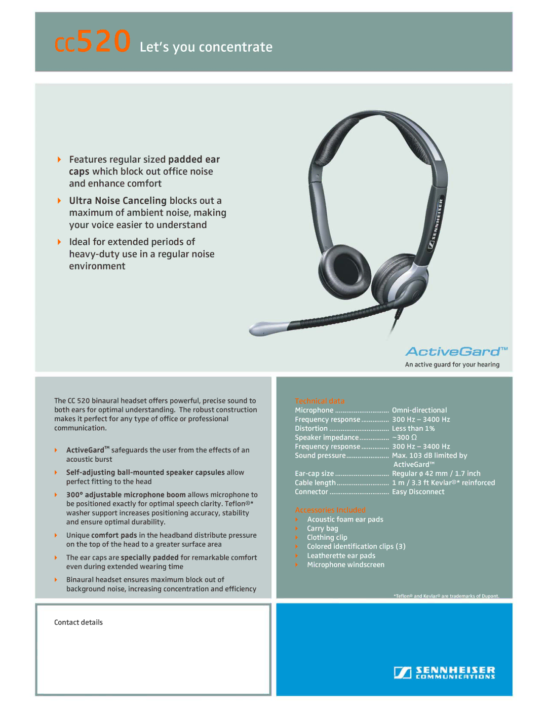 Sennheiser CC 520 manual CC520 Let’s you concentrate, Technical data, Accessories Included 