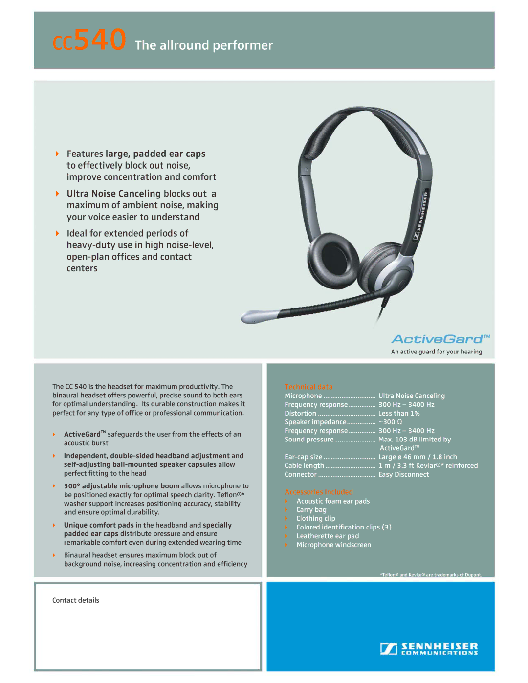 Sennheiser manual CC540 The allround performer, Technical data, Accessories Included 