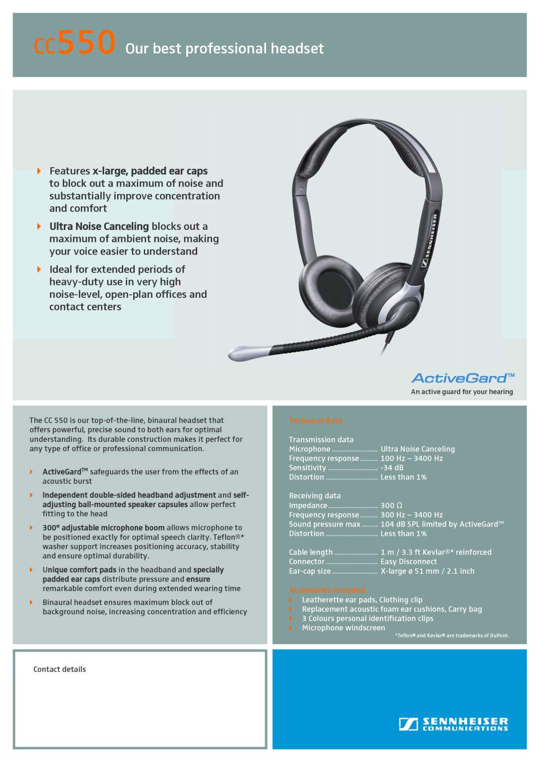 Sennheiser manual CC550 Our best professional headset, Features x-large,padded ear caps 