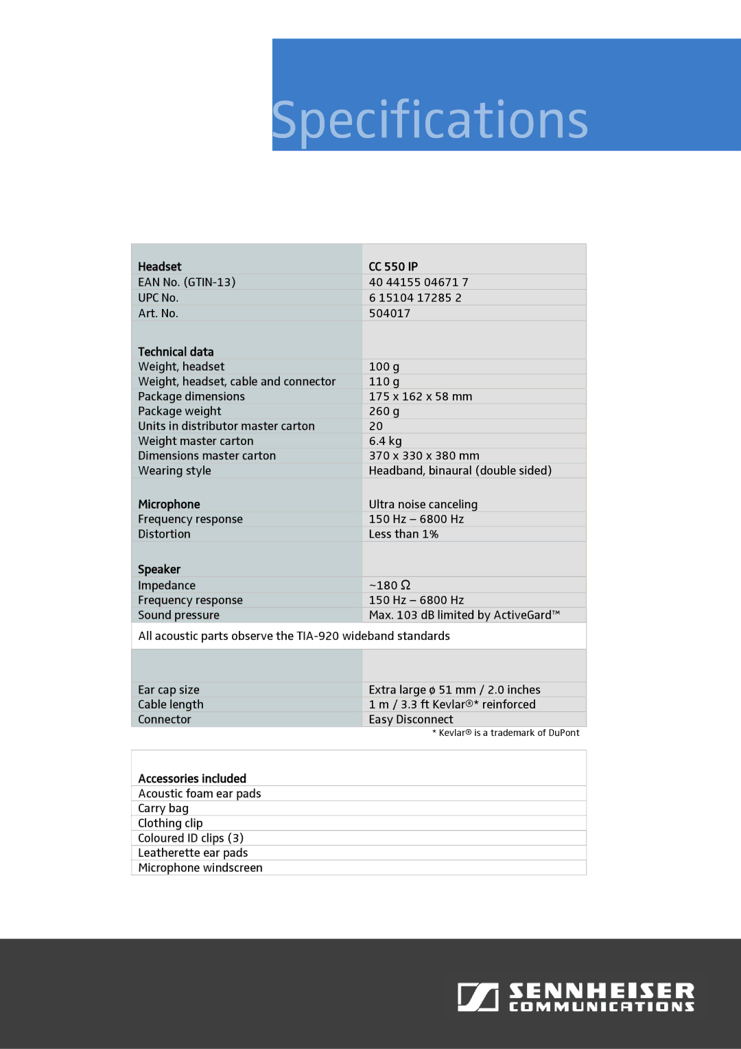 Sennheiser CC550IP manual Specifications 