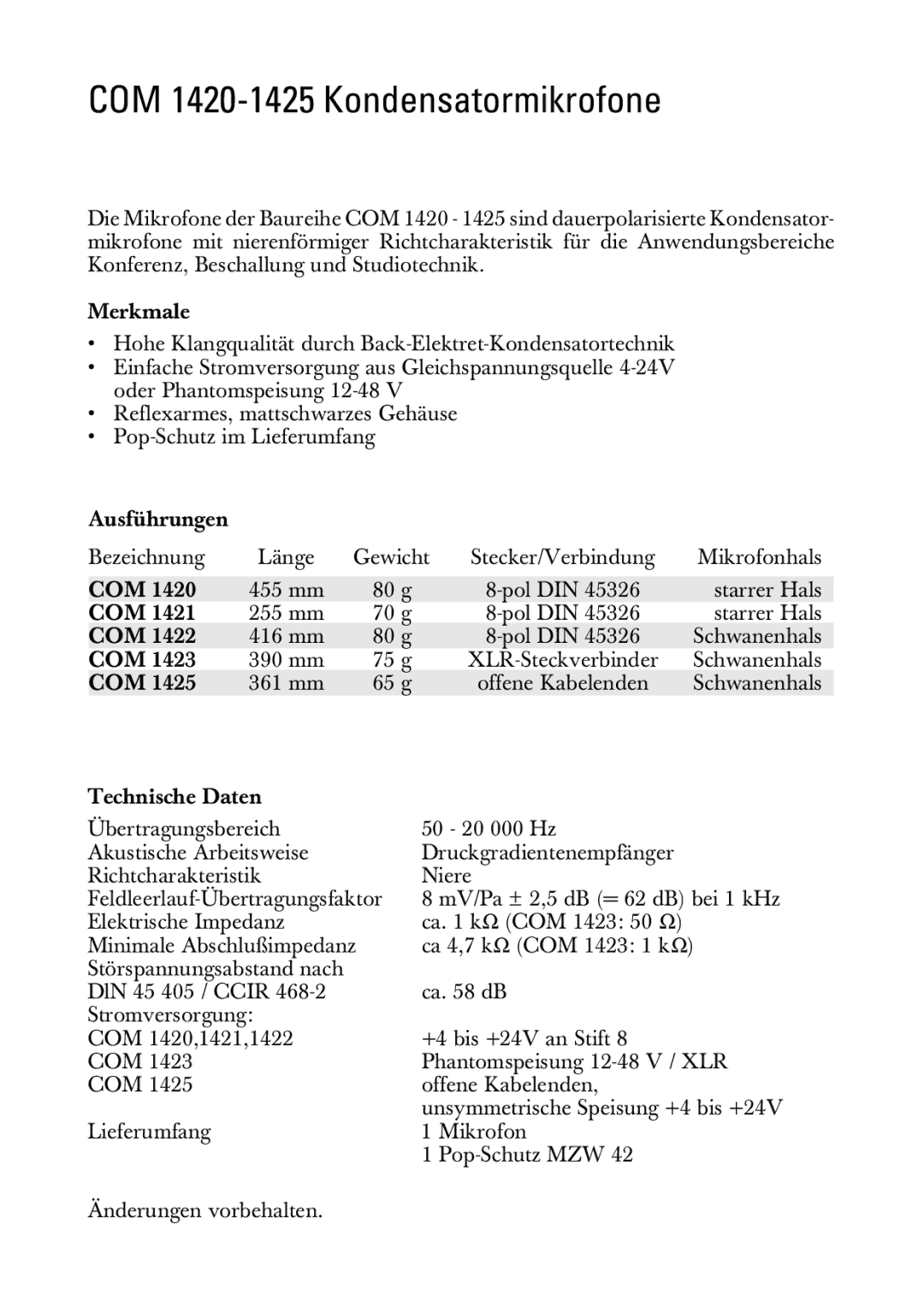 Sennheiser COM 1421, COM 1422, COM 1425, COM 1423 manual COM 1420-1425 Kondensatormikrofone 