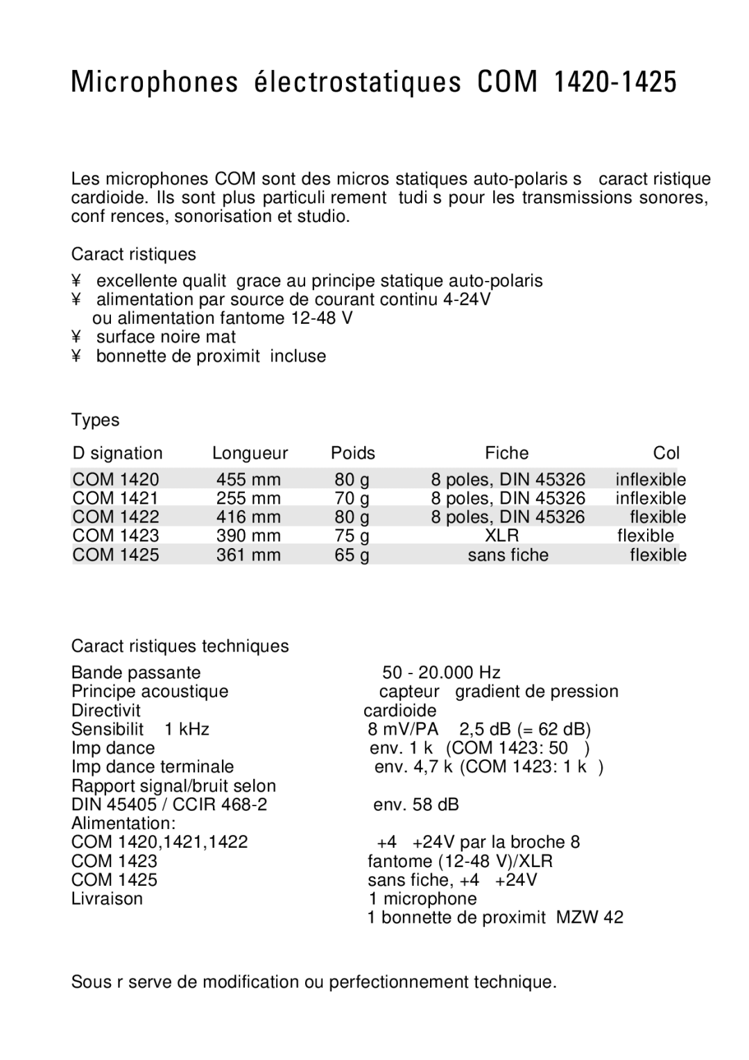 Sennheiser COM 1423, COM 1420, COM 1422, COM 1421, COM 1425 manual Microphones électrostatiques COM, Xlr 