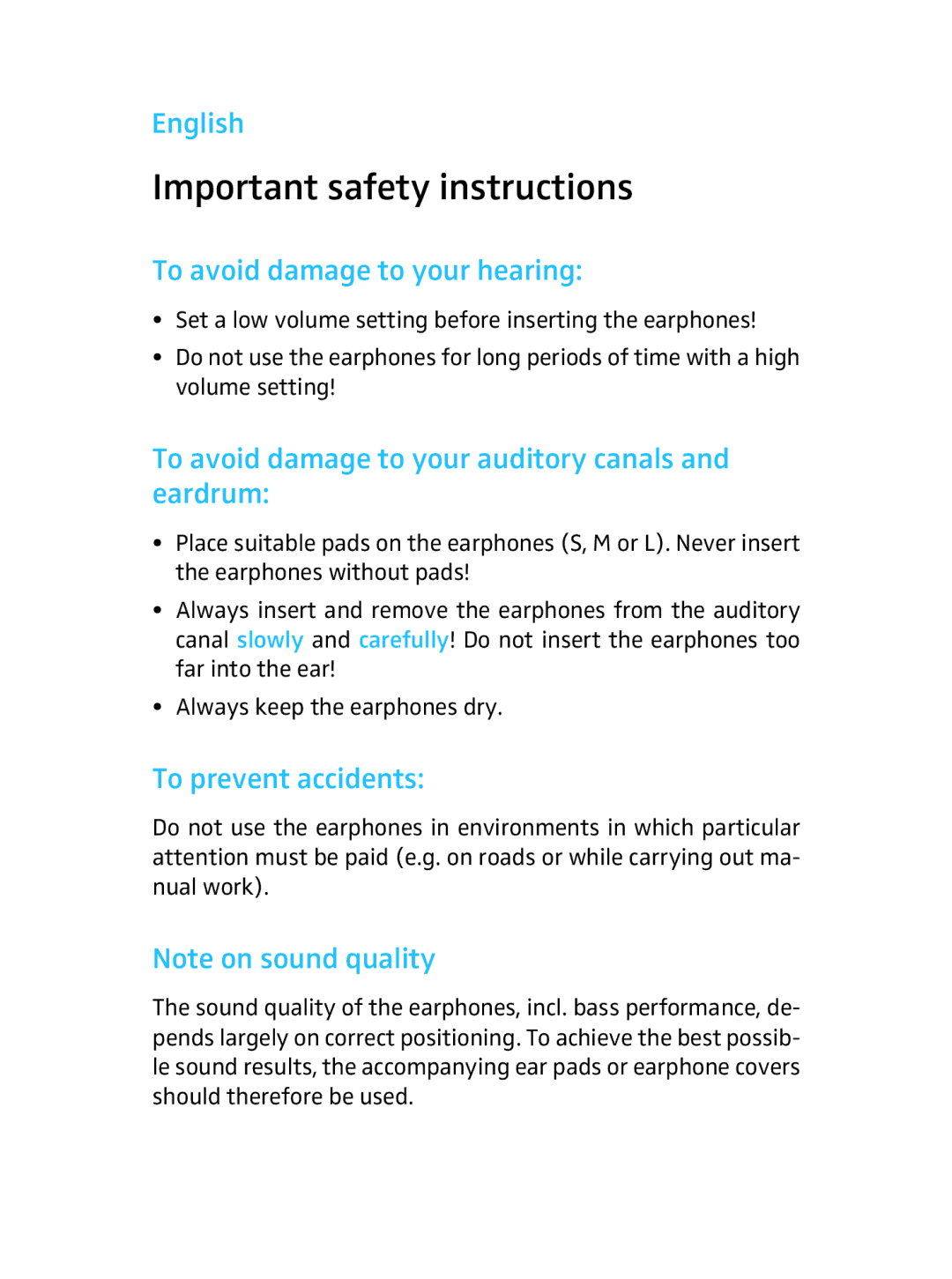 Sennheiser CX 400 manual Important safety instructions, English, To avoid damage to your hearing, To prevent accidents 