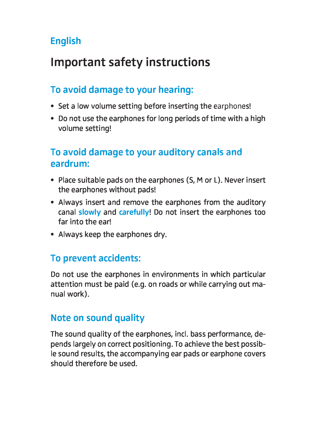 Sennheiser CX 400 manual Important safety instructions, English, To avoid damage to your hearing, To prevent accidents 
