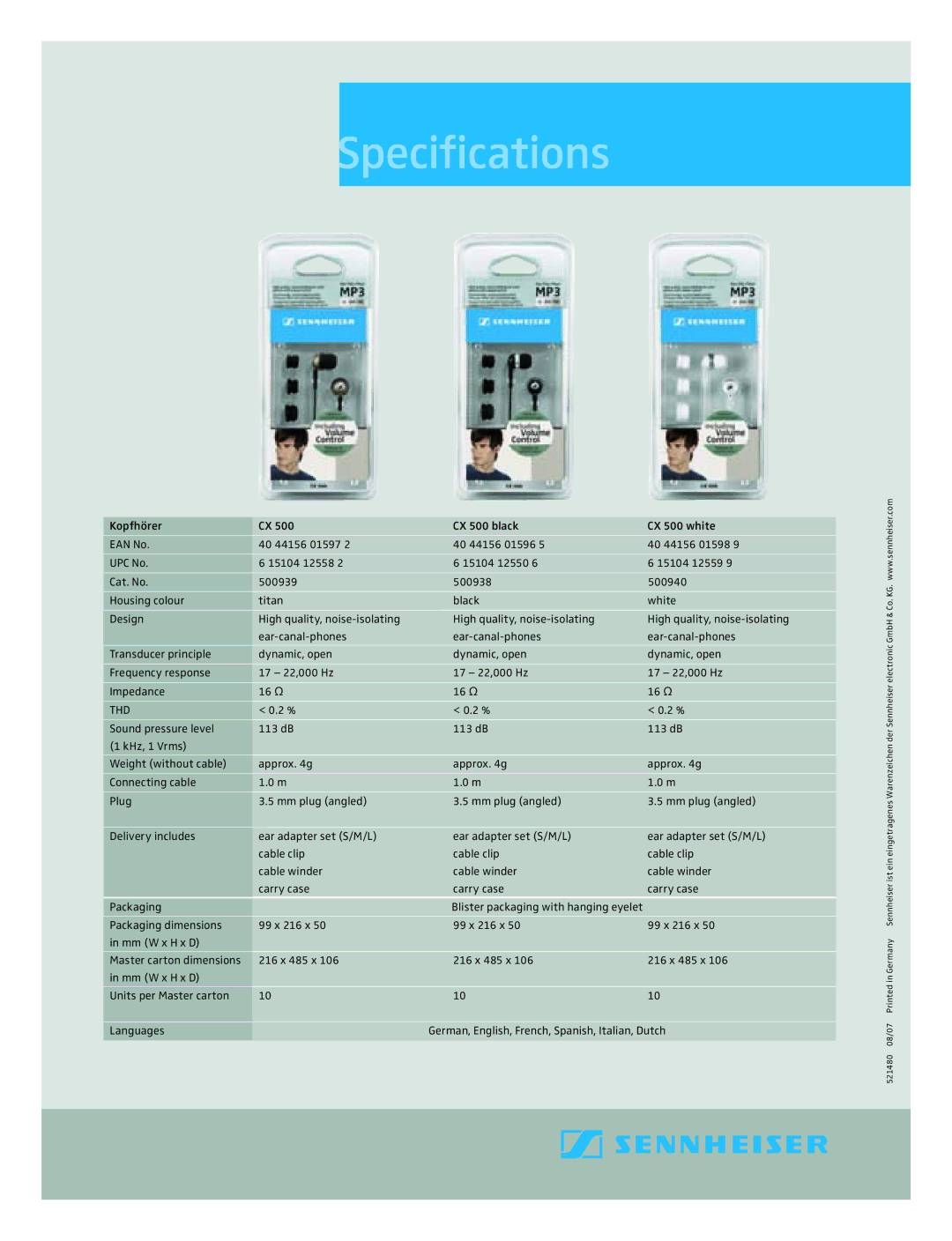 Sennheiser CX 500 black, CX 500 white manual Speciﬁcations, Thd 