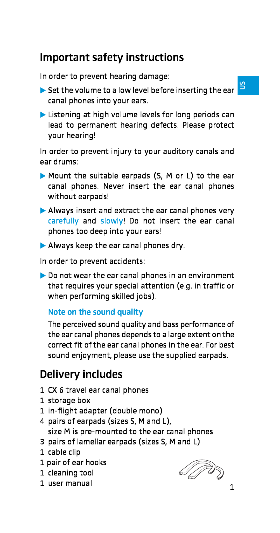 Sennheiser CX 6 Travel manual Important safety instructions, Delivery includes, Note on the sound quality 