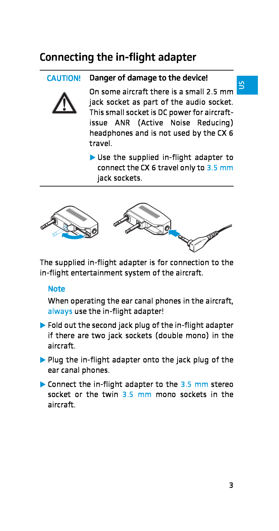 Sennheiser CX 6 Travel manual Connecting the in-flightadapter 