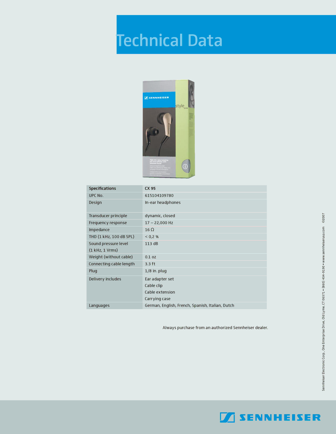 Sennheiser CX 95 manual Technical Data 