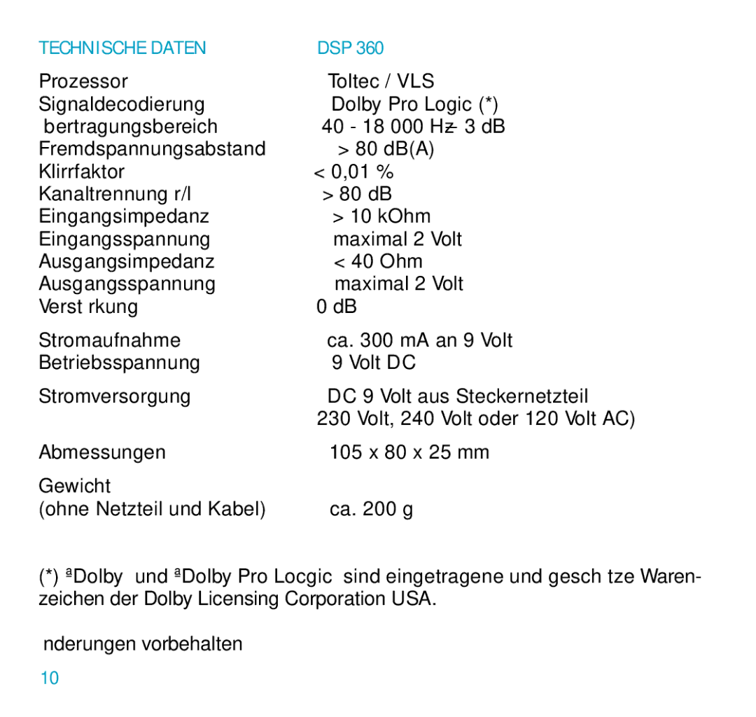 Sennheiser DSP 360 manual Technische Daten, Dsp 