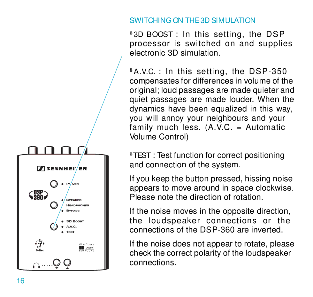 Sennheiser DSP 360 manual Switching on the 3D Simulation 