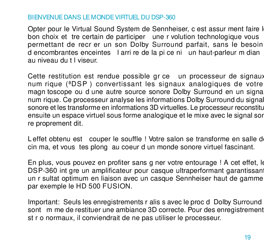 Sennheiser DSP 360 manual Bienvenue Dans LE Monde Virtuel DU DSP-360 