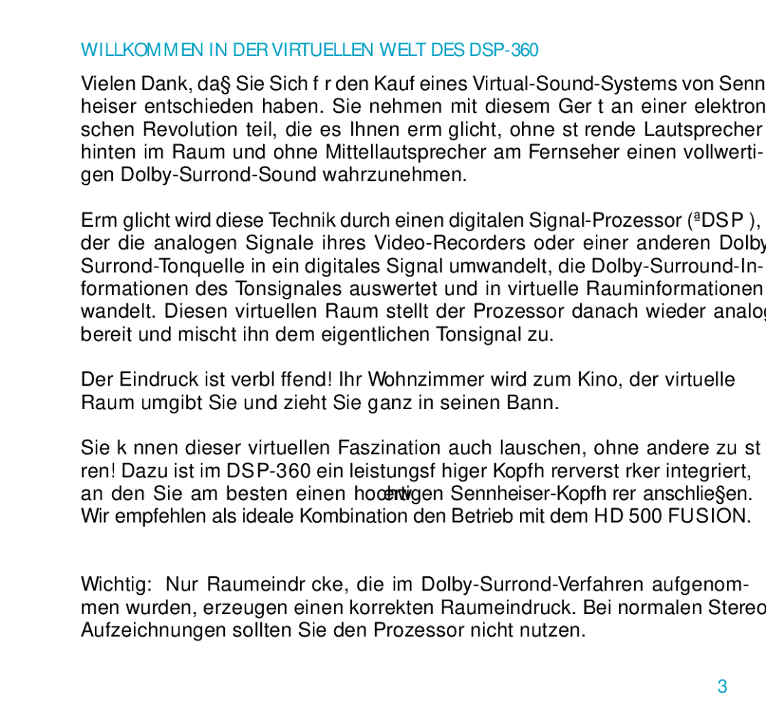 Sennheiser DSP 360 manual Willkommen in DER Virtuellen Welt DES DSP-360 