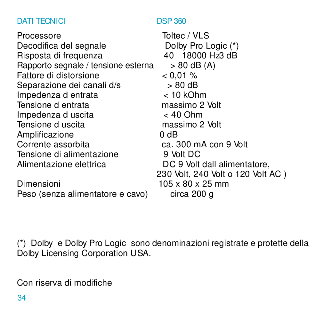 Sennheiser DSP 360 manual Dati Tecnici 