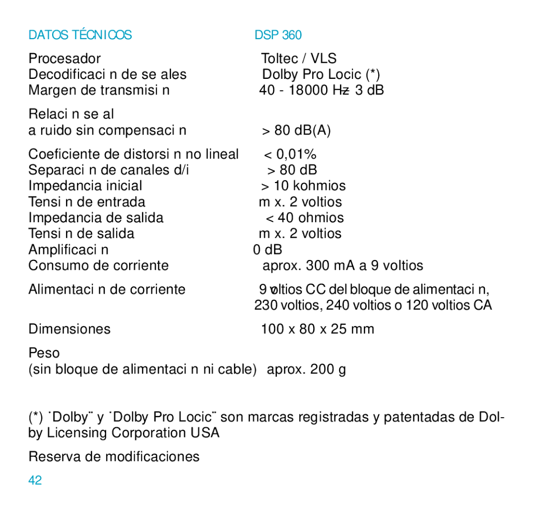 Sennheiser DSP 360 manual Datos Técnicos 